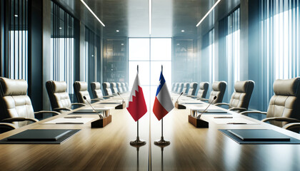 A modern conference room with Bahrain and Chile flags on a long table, symbolizing a bilateral meeting or diplomatic discussions between the two nations.