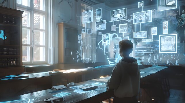 Student Interacting with Futuristic Holographic Classroom Displays of Historical Events and Artifacts