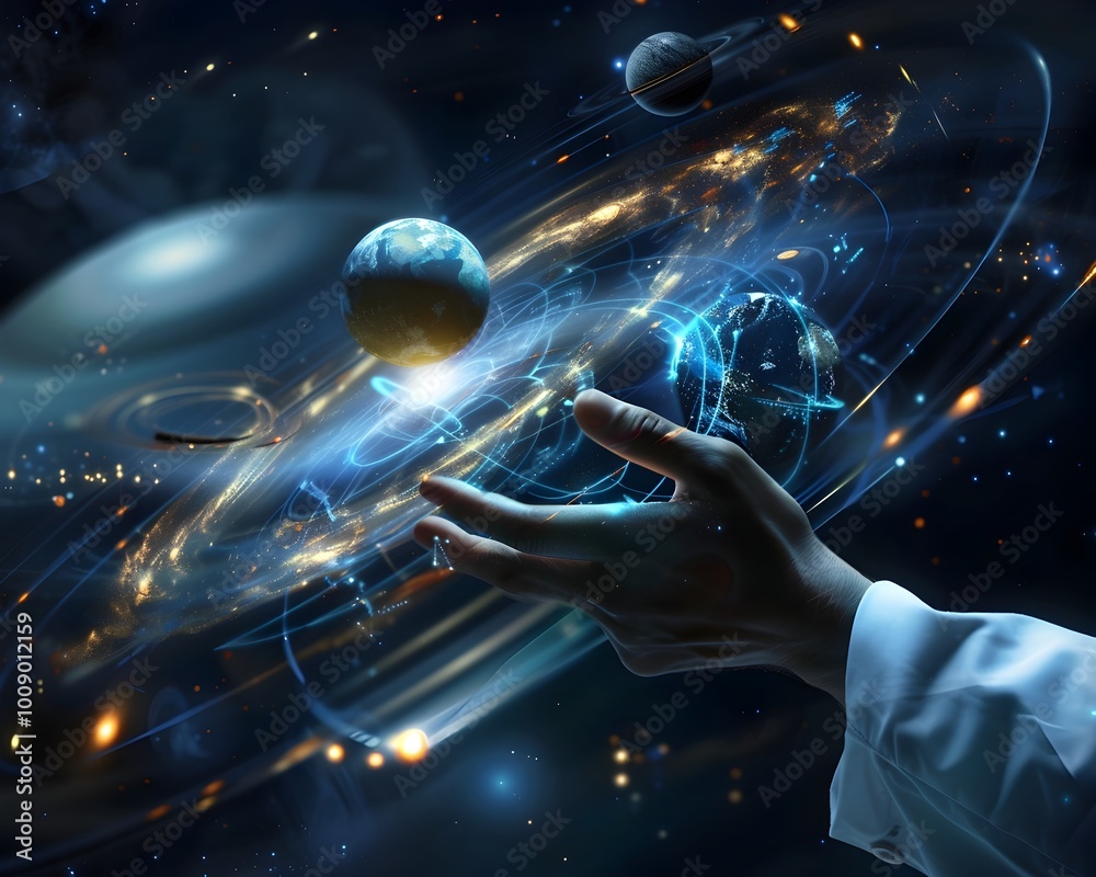 Canvas Prints scientist studying distant planets through holographic solar system interface