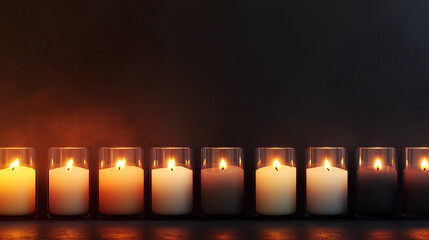 Row of candles in various colors are lit, creating a warm