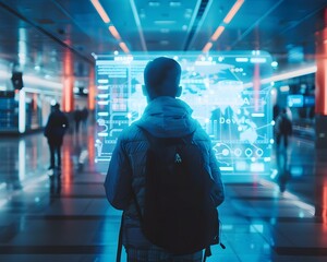 Traveler Using Holographic Map to Navigate Through Futuristic Airport Terminal