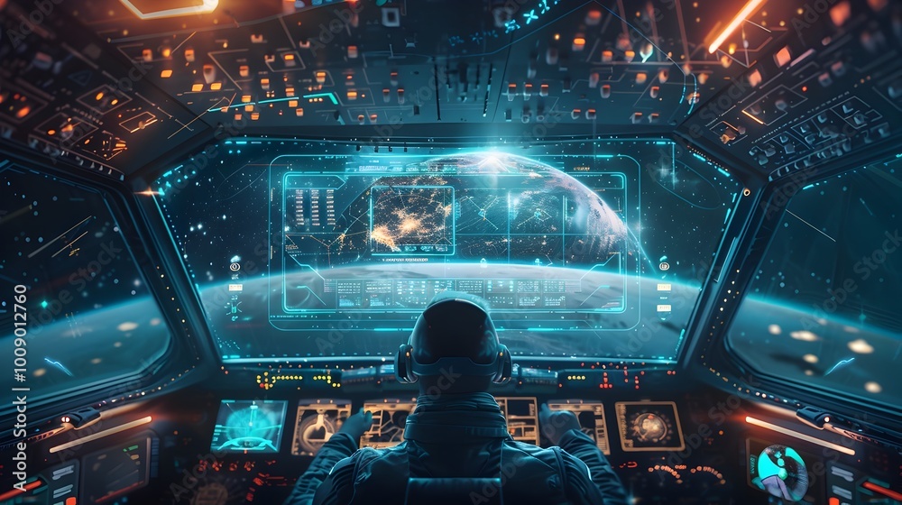 Poster spaceship pilot using holographic navigation system mapping journey through space