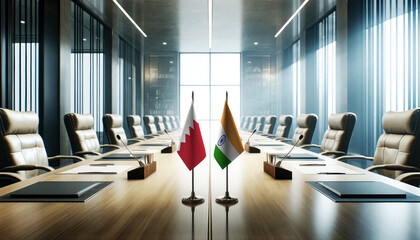 A modern conference room with Bahrain and India flags on a long table, symbolizing a bilateral meeting or diplomatic discussions between the two nations.