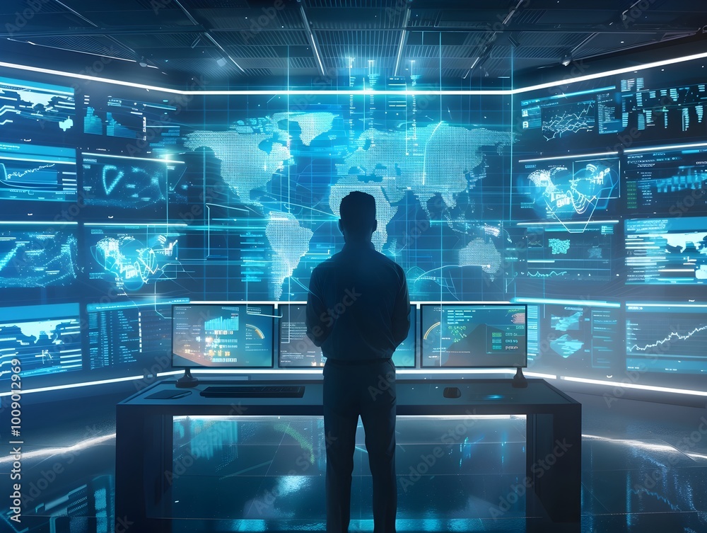 Poster futuristic holographic cybersecurity monitoring command center with global data visualization