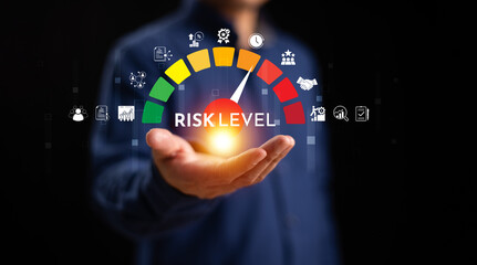 Businessman touch risk management. Assessment business investment concept. Plan matrix control technology. Internet network forecast evaluation, international financial security strategy background