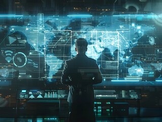 Security Analyst Monitoring Global Threats via Holographic Data Interface