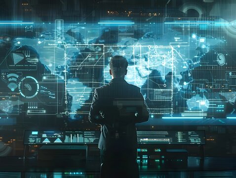 Security Analyst Monitoring Global Threats via Holographic Data Interface