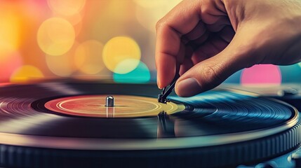 Obraz premium A hand gently adjusting the needle of a gramophone, with soft music playing in the background, creating a peaceful and nostalgic atmosphere.