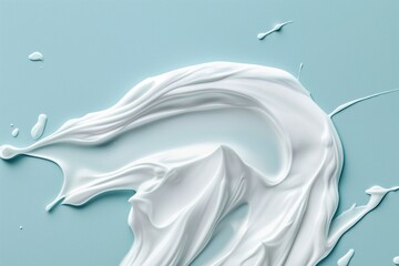 Dripped white skincare cream stains blue backdrop. Face cream, body lotion texture. Cosmetic product, hand application. Smooth, liquid, foam, gel, fluid, acid, facial, moisturiser, skincare,