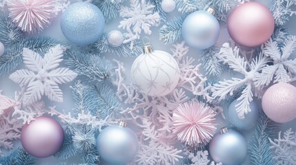 Pastel color Christmas composition with a border design for product presentation. Christmas background. Classic Christmas composition with fir branches, baubles, gifts box.