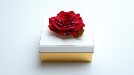 Fototapeta premium Elegant white and gold packaging with a vibrant red rose on top, isolated on white