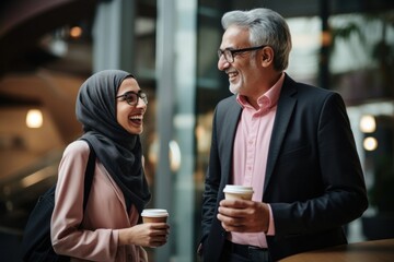 Woman in pink hijab and denim jacket talk to a cheerful CEO with long gray hair in brown sweater wearing eyeglasses scarf adult cup.