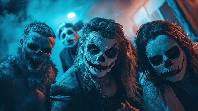 Friends dressed as classic monsters enjoying a spooky-themed escape room adventure together.