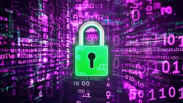 A vibrant green padlock glows against a backdrop of cascading binary code in pink hues, symbolizing cybersecurity, data protection, and privacy in a connected world.