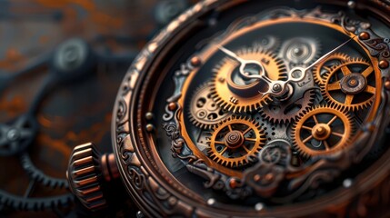 Steampunk clock with intricate gears, imaginative and detailed, Fantasy, Earth tones, Photograph, Retrofuturistic