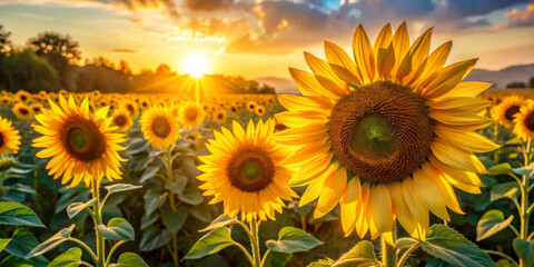 Sunflowers basking in warm sunlight, showcasing their bright yellow petals against stunning sunset backdrop. vibrant colors evoke sense of joy and tranquility