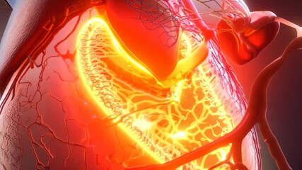 A vibrant, semi-transparent illustration of a human heart reveals intricate vascular structures and glowing elements, highlighting blood flow and electrical activity.
