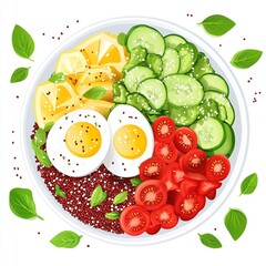 A colorful bowl featuring quinoa, vegetables, and eggs, promoting healthy eating.
