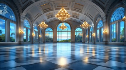 Obraz premium Grand Ballroom Interior Design with Crystal Chandeliers and Windows