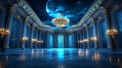 Grand Ballroom Interior with Chandeliers and Moonlit Windows