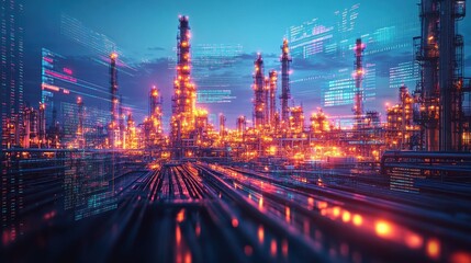 Fototapeta premium Wide banner of oil and gas refinery, storage tanks, and petrochemical factory with hologram HUD displaying price trends and infrastructure data.