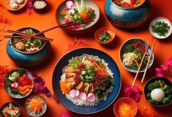 vibrant bowls filled colorful chinese dishes garnished beautifully accompanied elegant chopsticks bright backgrounds, appetizer, banquet, ceramic, chef