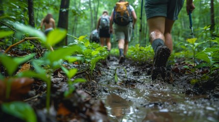 Naklejka premium Capture the camaraderie of a team of volunteers trekking through a lush forest, clearing hiking trails and gathering discarded waste