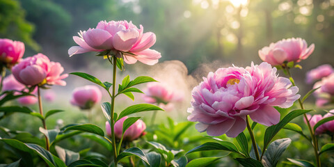 Fototapeta premium serene peony garden in soft focus captures beauty of blooming flowers in misty morning light. gentle atmosphere evokes sense of tranquility and peace