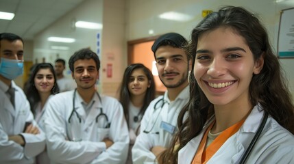 Fototapeta premium Young medical professionals smiling in hospital corridor