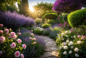 Obraz premium vibrant seasonal blooms framing lush garden pathways rich colors scents serene natural setting, flower, plant, leaf, hedge, shrub, lawn, tree, landscape