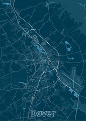 A detailed map of Dover, featuring a network of roads and streets, with a prominent airport in the lower right corner. The map is rendered in a minimalist style with white lines on a dark blue