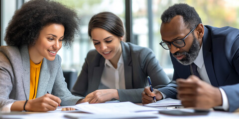 Business team working together, reviewing documents, and taking notes during a professional meeting in a collaborative environment.