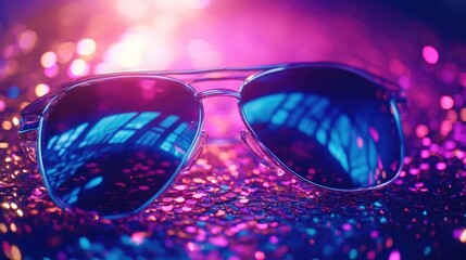 Sunglasses on shiny surface