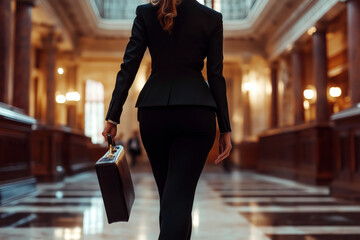 Back view of a female lawyer in a power suit confidently walking into a courtroom, briefcase in hand.
