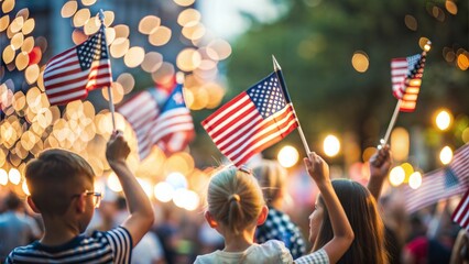 Children Waving American Flags in Independence Day Parade, Patriotic Celebration with Bokeh Background, Joyful Moment