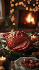 Slicing glazed ham at a festive holiday dinner table with candles 