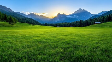 Fototapeta premium Green Meadow and Mountain Range at Sunset