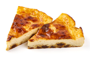 Cheesecakes with raisins, isolated on white background.