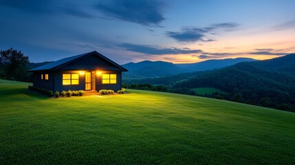 Modern Cabin on Hilltop with Sunset View  Mountain Landscape  Rural Home  Nature  Vacation