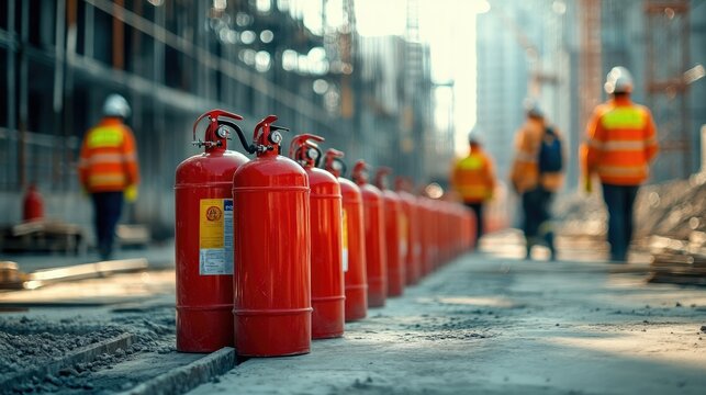 A line of fire extinguishers neatly placed at a construction site, with workers wearing safety gear walking in the background.