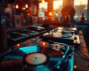 Naklejka premium Vintage vinyl records in a cozy shop, nostalgic and inviting, Urban, Soft tones, Photograph, Musical heritage