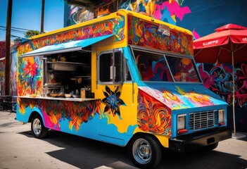 vibrant food truck surrounded colorful street art showcasing bright dynamic street vibes urban environment, mural, graffiti, creative, design, outdoor