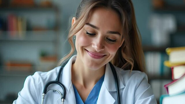 A smiling young female doctor in a white lab coat and blue scrubs reviews documents. Surrounded by medical books, she embodies professionalism and warmth, perfect for healthcare themes.