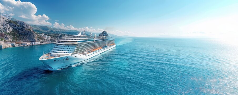 A huge cruise liner set off on a journey against the backdrop of the ocean with copyspace. Banner, space for text