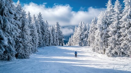 A lone skier gliding through a forest of snow-covered pine trees, with a quiet, peaceful atmosphere in the wintry landscape.