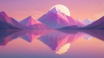 Low-Poly Mountain Landscape with Sunset Reflection in Calm Water