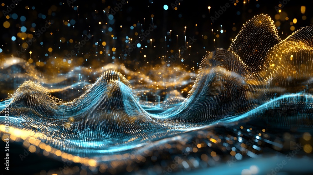 Poster a surreal, digital quantum realm with particles existing as both waves and particles, hovering in a 