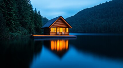 Obraz premium Illuminated Cabin on Lake with Mountain Forest at Dusk
