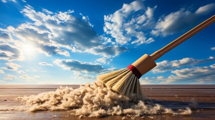 A simple wooden broom with a red accent sweeps a pile of dust against a bright blue sky with fluffy white clouds