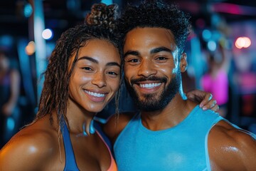 A lively duo depicted in a gym environment, wearing colorful sportswear, showcasing their vibrant smiles and natural glow, representing positive energy and health.